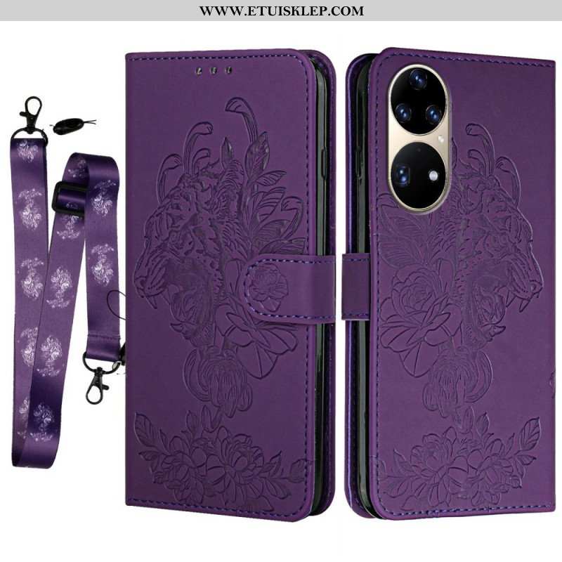 Etui Folio do Huawei P50 Pro z Łańcuch Barokowy Tygrys Z Paskami